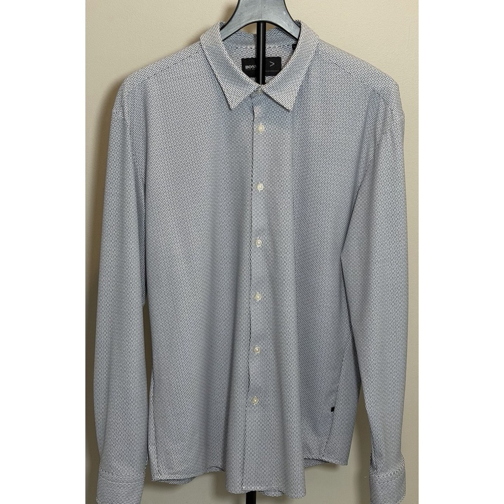 BOSS Hugo Boss Performance Slim Fit White/Blue Geometric Dress Shirt 2XL LS